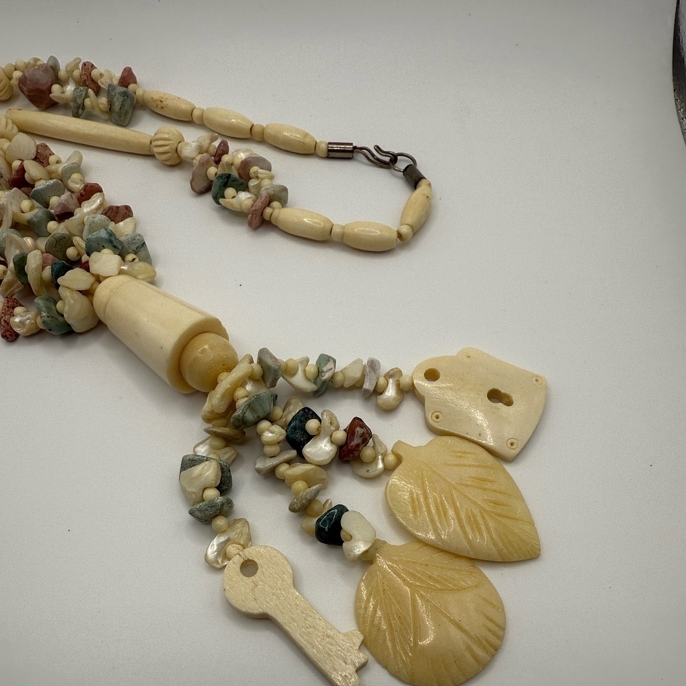 Vintage Tribal Ethnic Boho Necklace Leaves Lock Key Hand Carved Charms